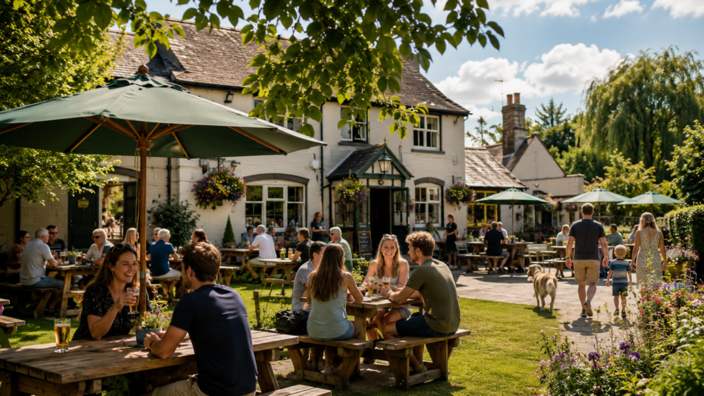 Customers enjoying drinks in a sunny beer garden at a traditional community pub with outdoor seating and greenery.