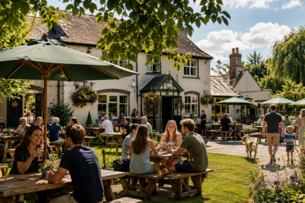 Customers enjoying drinks in a sunny beer garden at a traditional community pub with outdoor seating and greenery.